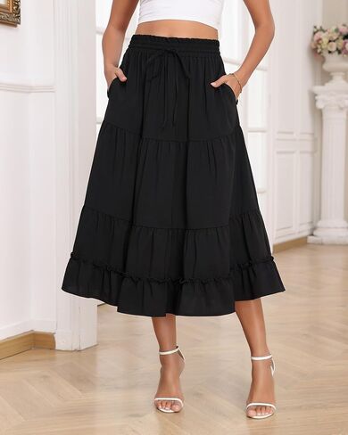 LOUSGUTA Women's Midi Skirt Flowy Ruffle Tiered High Elastic Waist Casual Skirts with Pockets in Saudi Arabia