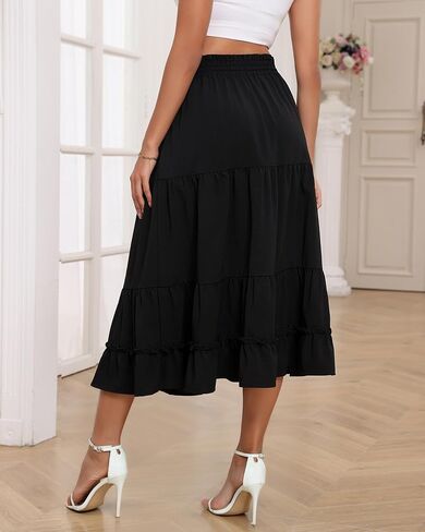 LOUSGUTA Women's Midi Skirt Flowy Ruffle Tiered High Elastic Waist Casual Skirts with Pockets in Saudi Arabia
