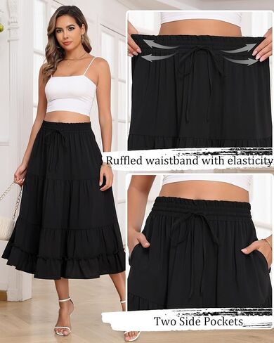 LOUSGUTA Women's Midi Skirt Flowy Ruffle Tiered High Elastic Waist Casual Skirts with Pockets in Saudi Arabia