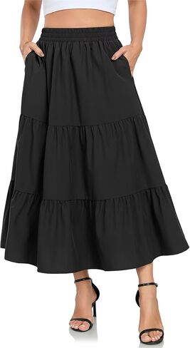 HUSKARY Women Summer Midi Skirt Casual Elastic High Waist Pleated A-Line Flowy Swing Tiered Beach Vacation Skirts in Saudi Arabia