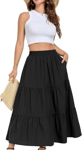 HUSKARY Women Summer Midi Skirt Casual Elastic High Waist Pleated A-Line Flowy Swing Tiered Beach Vacation Skirts in Saudi Arabia