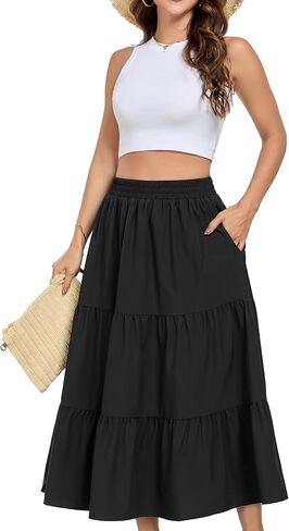 HUSKARY Women Summer Midi Skirt Casual Elastic High Waist Pleated A-Line Flowy Swing Tiered Beach Vacation Skirts in Saudi Arabia