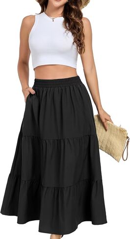 HUSKARY Women Summer Midi Skirt Casual Elastic High Waist Pleated A-Line Flowy Swing Tiered Beach Vacation Skirts in Saudi Arabia