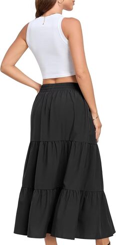 HUSKARY Women Summer Midi Skirt Casual Elastic High Waist Pleated A-Line Flowy Swing Tiered Beach Vacation Skirts in Saudi Arabia