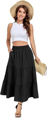 HUSKARY Women Summer Midi Skirt Casual Elastic High Waist Pleated A-Line Flowy Swing Tiered Beach Vacation Skirts in Saudi Arabia