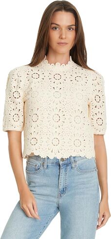 Sam Edelman Women's Doral Crochet Knit Short Sleeve Sweater with Zipper Back Standard in Saudi Arabia
