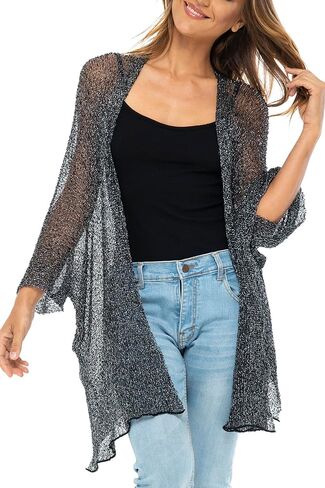 Back From Bali Womens Sheer Long Cardigan Lightweight Mesh Knit Kimono Duster ¾ Sleeves Shrug with Curved Hem in Saudi Arabia