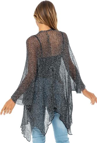 Back From Bali Womens Sheer Long Cardigan Lightweight Mesh Knit Kimono Duster ¾ Sleeves Shrug with Curved Hem in Saudi Arabia