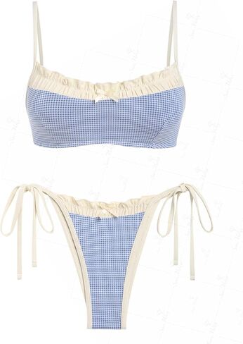 seamoly Gingham Spliced Ruched Ruffles Trim Bowknot Decor Tie Side Bikini Set in Saudi Arabia