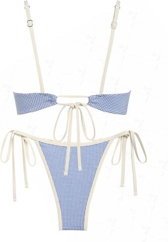 seamoly Gingham Spliced Ruched Ruffles Trim Bowknot Decor Tie Side Bikini Set in Saudi Arabia