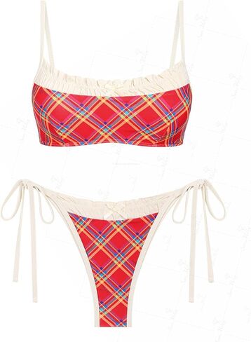 seamoly Gingham Spliced Ruched Ruffles Trim Bowknot Decor Tie Side Bikini Set in Saudi Arabia