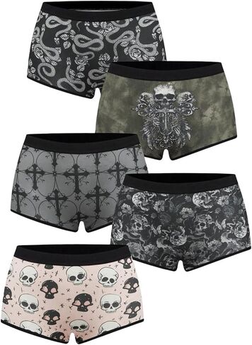 WDIRARA Women's 5 Pack Goth Graphic Boyshorts Mid Rise Panties Shorts Briefs Boxer in Saudi Arabia