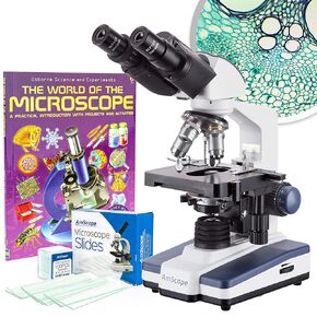 AmScope 40X-2500X LED Lab Binocular Compound Microscope with Double Layer Mechanical Stage + Book + 100 Coverslips & 50 Blank Slides