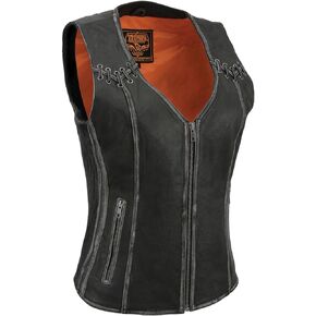 Milwaukee Leather MLL4526 Women's Distress Grey Leather Motorcycle Rider Vest- Stretch Side Panel w/Lacing Detail - 5X-Large