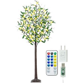 4FT 60 LED Lighted Olive Tree - Olive Trees Artificial Indoor with 6 Branches, 12 Fruits 120 Leaves, Remote 8 Flashing Modes, Timing, DC 5V Safe, Faux Olive Tree for Outdoor Party Home Decorations