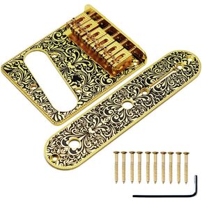 Set of Carved Pattern 6 String Roller Saddle Bridge Plate 3 Way Switch Control Plate Compatible with Tele Telecaster Style Electric Guitar (Silver)