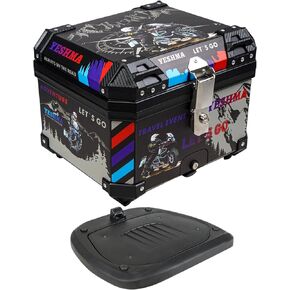 YESHMA Motorcycle Top Case,45L Universal Motorbike Tail Box,Sports Graffiti Style Motorcycle Top Box with Backrest, Security Lock and Handle for Helmet Luggage,Black