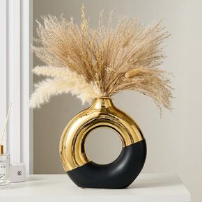 FJS Ceramic Donut Vase, 8" L x 8" H Black and Gold Round Vase for Pampas Grass, Nordic Modern Vases for Decor, Ceramic Vase Centerpieces for Wedding, Bedroom, Living Room, Coffee Table, Office