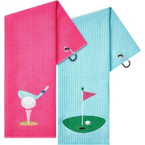 2 Pieces Funny Golf Towel Microfiber Embroidered Golf Towels Golf Gifts for Women Golf Bags with Clips Accessories Waffle Pattern Pink Blue for Mother Golf Fan Birthday Retirement Gifts