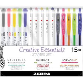 ZEBRA PEN Creative Essentials Starter Set, Includes 8 Highlighters, 8 Markers and 8 Sarasa Clip Retractable Gel Pens, Assorted Ink Colors, 24-Pack