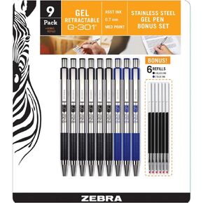 ZEBRA G-301 Gel Stainless Steel 9 Pack w/ 6 Refill Cartridges