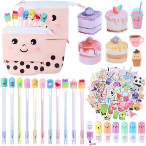Sabary 228 Pcs Kawaii Stationary Set Include Telescopic Boba Pencil Pouch Case Bag Gel Ink Pen Sticky Note Bubble Tea Sticker Pill Highlighter Stationary Cute School Supplies for Christmas(Vivid) in Kuwait