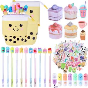 Sabary 228 Pcs Kawaii Stationary Set Include Telescopic Boba Pencil Pouch Case Bag Gel Ink Pen Sticky Note Bubble Tea Sticker Pill Highlighter Stationary Cute School Supplies for Christmas(Vivid)