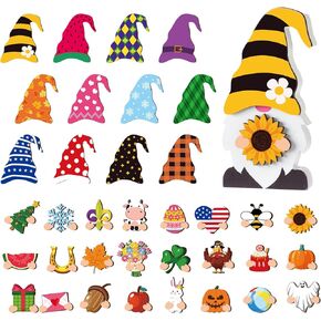 37 Pcs Interchangeable Wooden Gnome Decor DIY Holiday Seasonal Tiered Tray Decor with 24 Magnet Pieces and 12 Detachable Hats Easter Changeable Welcome Sign for Summer Spring Home Decor