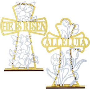 2 Pcs Easter Decorations Jesus Cross Sign Table Centerpieces Gold He Is Risen Cross Wood Tabletop 11in Alleluia Flower Christians Table Set Decor for Easter Tabletop Home Indoor Outdoor Spring Decor