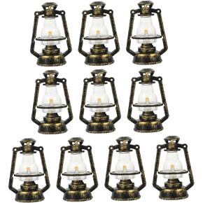 10Pcs Mini Kerosene lamp Lanterns for Wedding Miniature Oil lamp LED Hanging Lantern Mini Retro Kerosene Lantern Small Hurricanes Lantern Oil Lamps Plastic Household Party Supplies