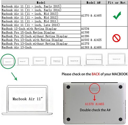 RUBAN Case Compatible with MacBook Air 11 Inch Release (A1370/A1465) - Slim Snap On Hard Shell Protective Cover and Keyboard Cover for MacBook Air 11, Black in Kuwait