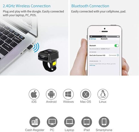 Symcode Wireless Bluetooth Barcode Scanner with Bluetooth & 2.4GHz Wireless & Wired Connection, Portable Ring Wearable Finger 1D Mini Bar Code Reader Scanner in Saudi Arabia