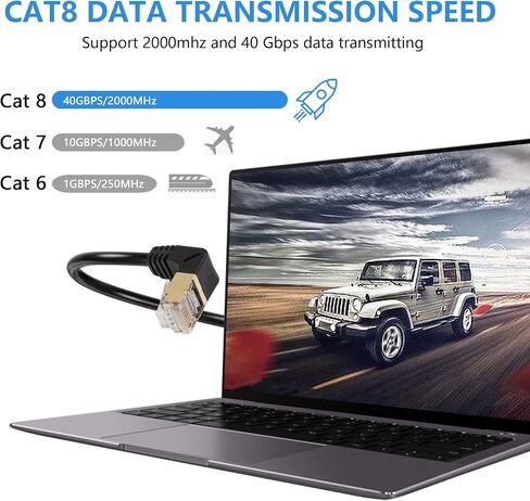 كابل إيثرنت SinLoon 10FT 90 درجة بزاوية أسفل Cat8، سلك شبكة عالي السرعة 40 جيجابت في الثانية 2000 ميجاهرتز، مع قابس مطلي بالذهب أسلاك SFTP CAT8 RJ45 موصل كابل LAN للألعاب، للكمبيوتر الشخصي، جهاز التوجيه (أسفل 10أقدام) in Saudi Arabia