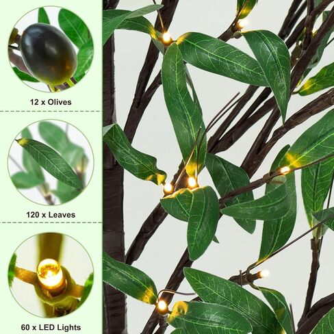 4FT 60 LED Lighted Olive Tree - Olive Trees Artificial Indoor with 6 Branches, 12 Fruits 120 Leaves, Remote 8 Flashing Modes, Timing, DC 5V Safe, Faux Olive Tree for Outdoor Party Home Decorations in Saudi Arabia