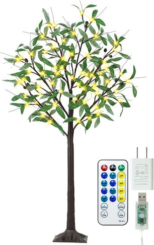 4FT 60 LED Lighted Olive Tree - Olive Trees Artificial Indoor with 6 Branches, 12 Fruits 120 Leaves, Remote 8 Flashing Modes, Timing, DC 5V Safe, Faux Olive Tree for Outdoor Party Home Decorations in Saudi Arabia