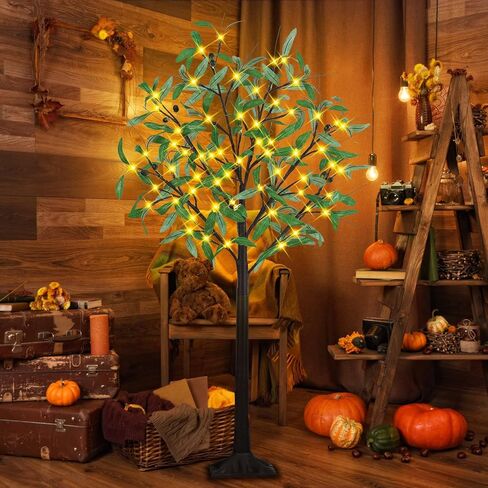 4FT 60 LED Lighted Olive Tree - Olive Trees Artificial Indoor with 6 Branches, 12 Fruits 120 Leaves, Remote 8 Flashing Modes, Timing, DC 5V Safe, Faux Olive Tree for Outdoor Party Home Decorations in Saudi Arabia