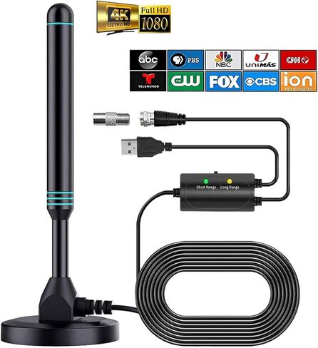هوائي تلفزيون للتلفزيون الذكي، هوائي تلفزيون رقمي عالي الدقة يدعم قنوات 4K 1080 بكسل، هوائيات تلفزيون مع معزز إشارة مكبر الصوت، مدى طويل 480 ميل، استقبال إشارة 360 درجة، قاعدة مغناطيسية قوية، كابلات بطول 16.5 قدم in Kuwait