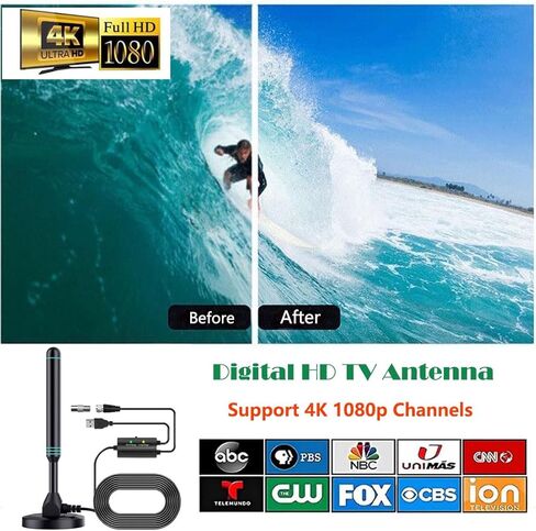 هوائي تلفزيون للتلفزيون الذكي، هوائي تلفزيون رقمي عالي الدقة يدعم قنوات 4K 1080 بكسل، هوائيات تلفزيون مع معزز إشارة مكبر الصوت، مدى طويل 480 ميل، استقبال إشارة 360 درجة، قاعدة مغناطيسية قوية، كابلات بطول 16.5 قدم in Kuwait