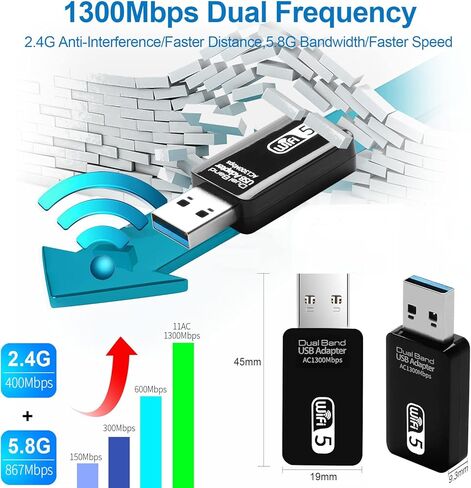 USB WiFi Adapter, 1300Mbps Dual Band 5G/2.4G Wireless Network Adapter USB WLAN Stick for PC, 802.11ac, Long Range WiFi for Windows Vista /7/8/8.1/1/10, Mac OS, Linux, Plug and Play in Kuwait