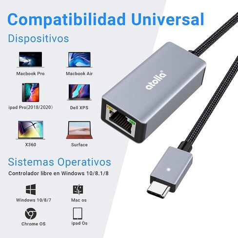 محول USB C إلى إيثرنت، محول أتولا USB من النوع C إلى شبكة LAN RJ45 جيجابت إيثرنت، Thunderbolt 3 متوافق مع MacBook Pro وMacBook Air وiPad Pro وSurface وXPS والمزيد in Kuwait