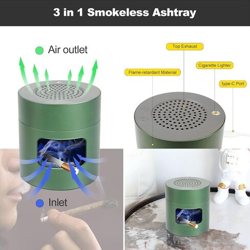 Smokeless Ashtrays Multifunctional Air Purifier for Cigarettes Indoor Outdoor, Ash Tray with Lighter USB Rechargeable Smokeless Ashtray for Home Office (Green) in Saudi Arabia
