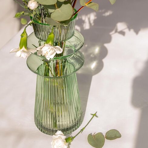 10 Inch Green Glass Vases for Flowers | Hand Blown Flower Vases for Bouquet | Large Glass Vase | Ribbed Vases Home Decor | Tall Centerpiece Vase in Saudi Arabia