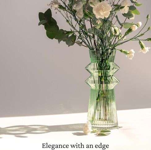 10 Inch Green Glass Vases for Flowers | Hand Blown Flower Vases for Bouquet | Large Glass Vase | Ribbed Vases Home Decor | Tall Centerpiece Vase in Saudi Arabia