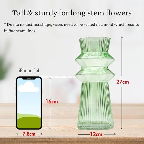 10 Inch Green Glass Vases for Flowers | Hand Blown Flower Vases for Bouquet | Large Glass Vase | Ribbed Vases Home Decor | Tall Centerpiece Vase in Saudi Arabia