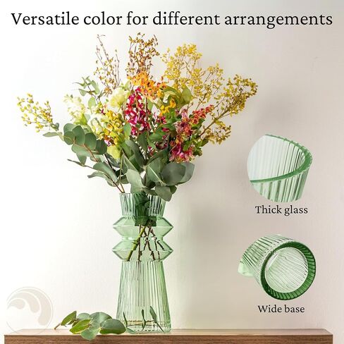 10 Inch Green Glass Vases for Flowers | Hand Blown Flower Vases for Bouquet | Large Glass Vase | Ribbed Vases Home Decor | Tall Centerpiece Vase in Saudi Arabia