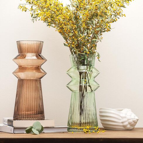 10 Inch Green Glass Vases for Flowers | Hand Blown Flower Vases for Bouquet | Large Glass Vase | Ribbed Vases Home Decor | Tall Centerpiece Vase in Saudi Arabia