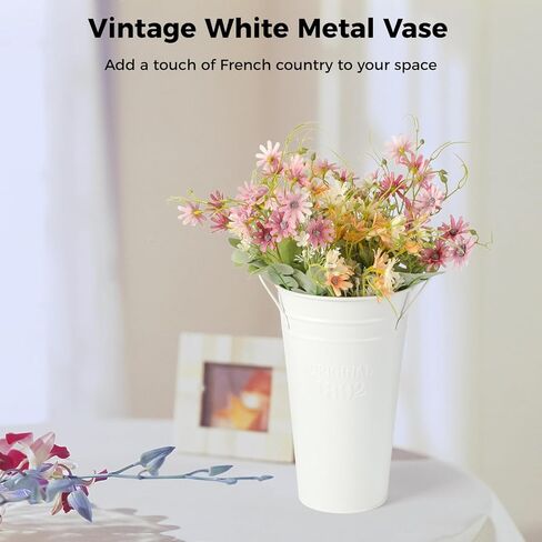 6 قطع من دلاء الزهور المعدنية البيضاء، مزهريات معدنية مجلفنة، مزهرية زهرة 7.9 بوصة مع مقابض، مزهريات مزرعة ريفية فرنسية لديكور المنزل قطعة مركزية لطاولة الزفاف in Kuwait