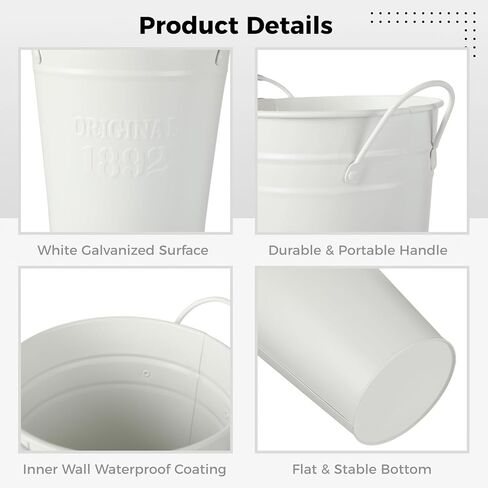 6 قطع من دلاء الزهور المعدنية البيضاء، مزهريات معدنية مجلفنة، مزهرية زهرة 7.9 بوصة مع مقابض، مزهريات مزرعة ريفية فرنسية لديكور المنزل قطعة مركزية لطاولة الزفاف in Kuwait