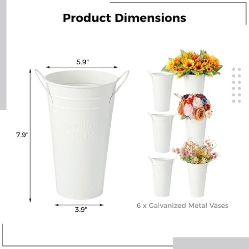 6 قطع من دلاء الزهور المعدنية البيضاء، مزهريات معدنية مجلفنة، مزهرية زهرة 7.9 بوصة مع مقابض، مزهريات مزرعة ريفية فرنسية لديكور المنزل قطعة مركزية لطاولة الزفاف in Kuwait