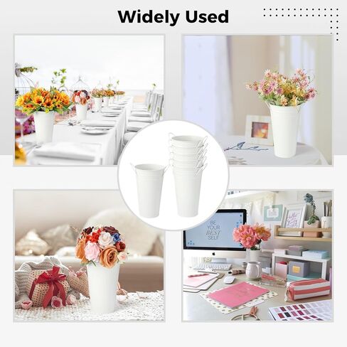 6 قطع من دلاء الزهور المعدنية البيضاء، مزهريات معدنية مجلفنة، مزهرية زهرة 7.9 بوصة مع مقابض، مزهريات مزرعة ريفية فرنسية لديكور المنزل قطعة مركزية لطاولة الزفاف in Kuwait